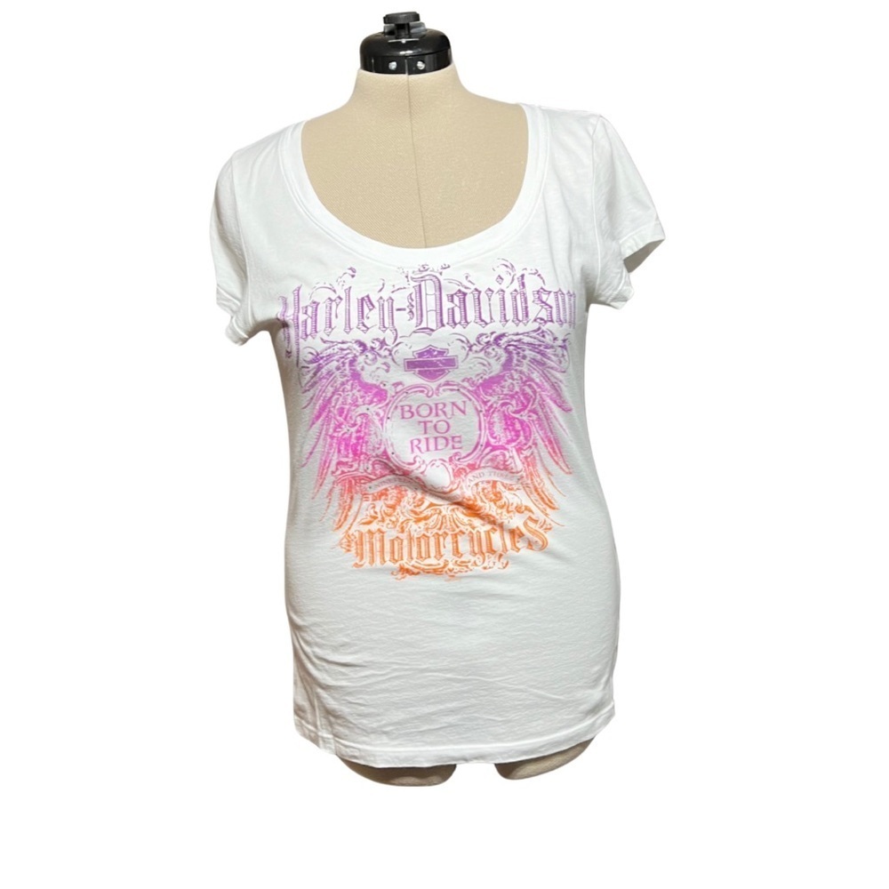 Harley Davidson Women’s XL White Rhinestone T-Shirt Born to Ride Jamestown